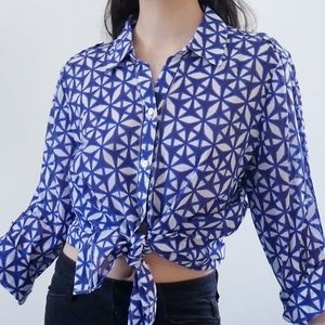 Chicos Blue and White Patterned Button Up Blouse